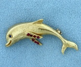 Sapphire And Ruby Dolphin Pin In 14k Yellow Gold
