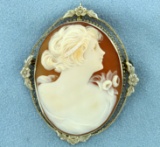 Large Vintage Cameo Pin Or Pendant In 14k White Gold
