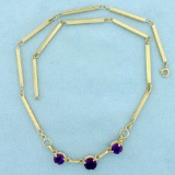Designer 3 Stone Amethyst Necklace In 14k Yellow Gold