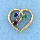 Emerald, Ruby, And Sapphire Heart Pendant In 14k Yellow Gold