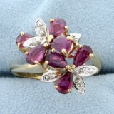 Cascading Floral Design Natural Ruby And Diamond Ring In 14k Yellow Gold