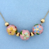 Vintage Add-a-bead Neck Chain With Flower Cloisonné Beads In 14k Yellow Gold