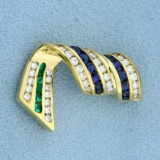 Charles Krypell Designer Diamond, Sapphire, And Emerald Slide Pendant In 18k Yellow Gold