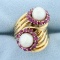 Large Wave Design Akoya Pearl And Ruby Statement Ring In 14k Yellow Gold