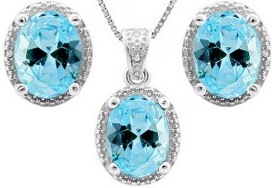 Sky Blue Topaz 7ctw Halo Style Earrings And Pendant Set In Sterling Silver