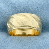 Wave Design Beaded Edge Wide Band Ring In 14k Yellow Gold