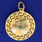 Emerald & Pearl Christmas Bells Holiday Pendant In 14k Yellow Gold