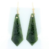 Jade Dangle Earrings With Chinese Character For Buddha In 14k Yellow Gold