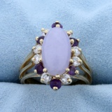 4ct Tw Purple Jade, Amethyst, And Diamond Ring In 14k Yellow Gold