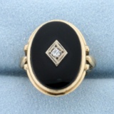 Women's Antique Onyx And Diamond Ring In 10k Yellow Gold