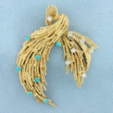 Designer Turquoise And Diamond Pin In 14k Yellow Gold