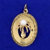 Pearl Palm Tree Oval Pendant In 14k Yellow Gold