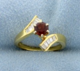 Garnet And 1/2ct Tw Baguette Diamond Ring In 18k Yellow Gold