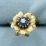 Sapphire And Diamond Flower Ring In 14k Yellow Gold