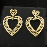 Filigree Heart Dangle Earrings In 14k Yellow Gold