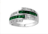 Emerald & Diamond Bypass Ring In Sterling Silver