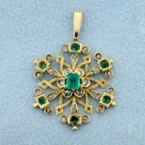 Antique Emerald And Rose Cut Diamond Snowflake Design Pendant In 14k Yellow Gold