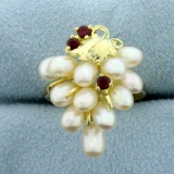 Grape Cluster Design Ruby And Pearl Ring In 14k Yellow Gold