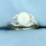 Akoya Pearl And Diamond Ring In 18k White Gold