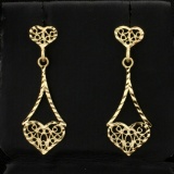 Filigree Heart Dangle Earrings In 14k Yellow Gold