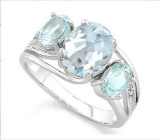 Large Aquamarine & Blue Topaz 3-stone Diamond Ring In Sterling Silver