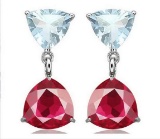 Aquamarine & Ruby Dangle Earrings In Sterling Silver
