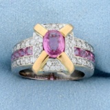 Natural Pink Sapphire And Diamond Ring In 18k Yellow And White Gold