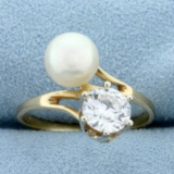 Antique 1ct Old European Cut Diamond And Akoya Pearl Ring In 14k Yellow Gold