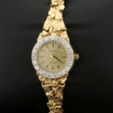 Vintage 14k Solid Gold Geneve Quartz Diamond Gold Nugget Women's Watch In 14k Yellow Gold