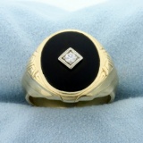Men's Antique Onyx And Diamond Ring In 14k Yellow Gold