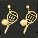 Tennis Racket And Ball Dangle Earrings In 14k Yellow Gold