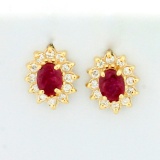 1ct Tw Ruby And Diamond Flower Design Earrings In 14k Yellow Gold