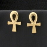Egyptian Ankh Symbol Earrings In 14k Yellow Gold