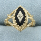 Antique Onyx And Diamond Ring In 14k Yellow Gold