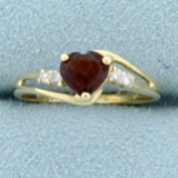 Garnet And Cz Heart Ring In 10k Yellow Gold