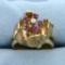 Vintage Ruby And Diamond Lotus Flower Hand-etched Ring In 14k Yellow Gold