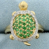Chrome Tourmaline And Diamond Turtle Ring In 14k Yellow Gold