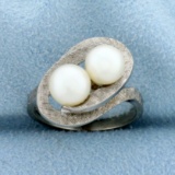 Two Cultured Pearl Ring In 10k White Gold