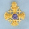2ct Purple Sapphire Designer Iron Cross Pendant In 18k Yellow Gold