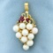 Diamond, Ruby, And Pearl Grapevine Pendant Or Pin In 14k Yellow Gold