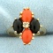 Synthetic Pink And Black Coral And White Sapphire Ring In 10k Yellow Gold
