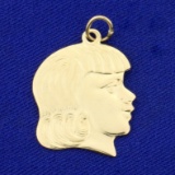 Girl's Head Pendant Or Charm In 14k Yellow Gold