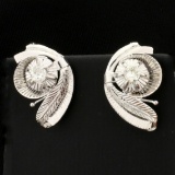 Feather Design Diamond Earrings In 14k White Gold