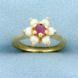 Vintage Ruby And Pearl Flower Design Ring In 14k Yellow Gold