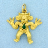 Aztec Figurine Pendant With Emerald In 18k Yellow Gold