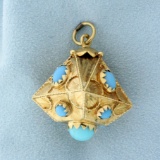 Unique Italian-made Geometric Spinning Top Design Turquoise Pendant In 14k Yellow Gold