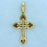 Antique Ruby And Seed Pearl Cross Pendant In 18k Yellow Gold