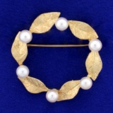 Cultured Pearl Leaf Design Circle Pin In 14k Yellow Gold