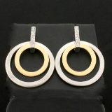 Two-tone Diamond Circle Dangle Earrings In Sterling Silver And 14k Yellow Gold