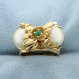 Vintage Akoya Pearl And Emerald Flower Design Ring In 14k Yellow Gold